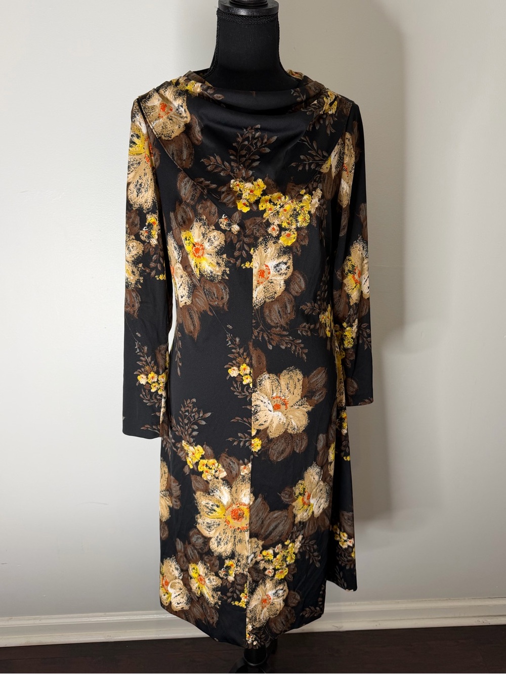 Vintage Black Moody Floral Midi Dress Attached Bandana Cowl Neck - Size Medium